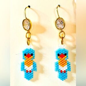 Handmade Bluebird Bird Miyuki Glass Seed Bead Earrings, Brick Stitch Beaded Bird